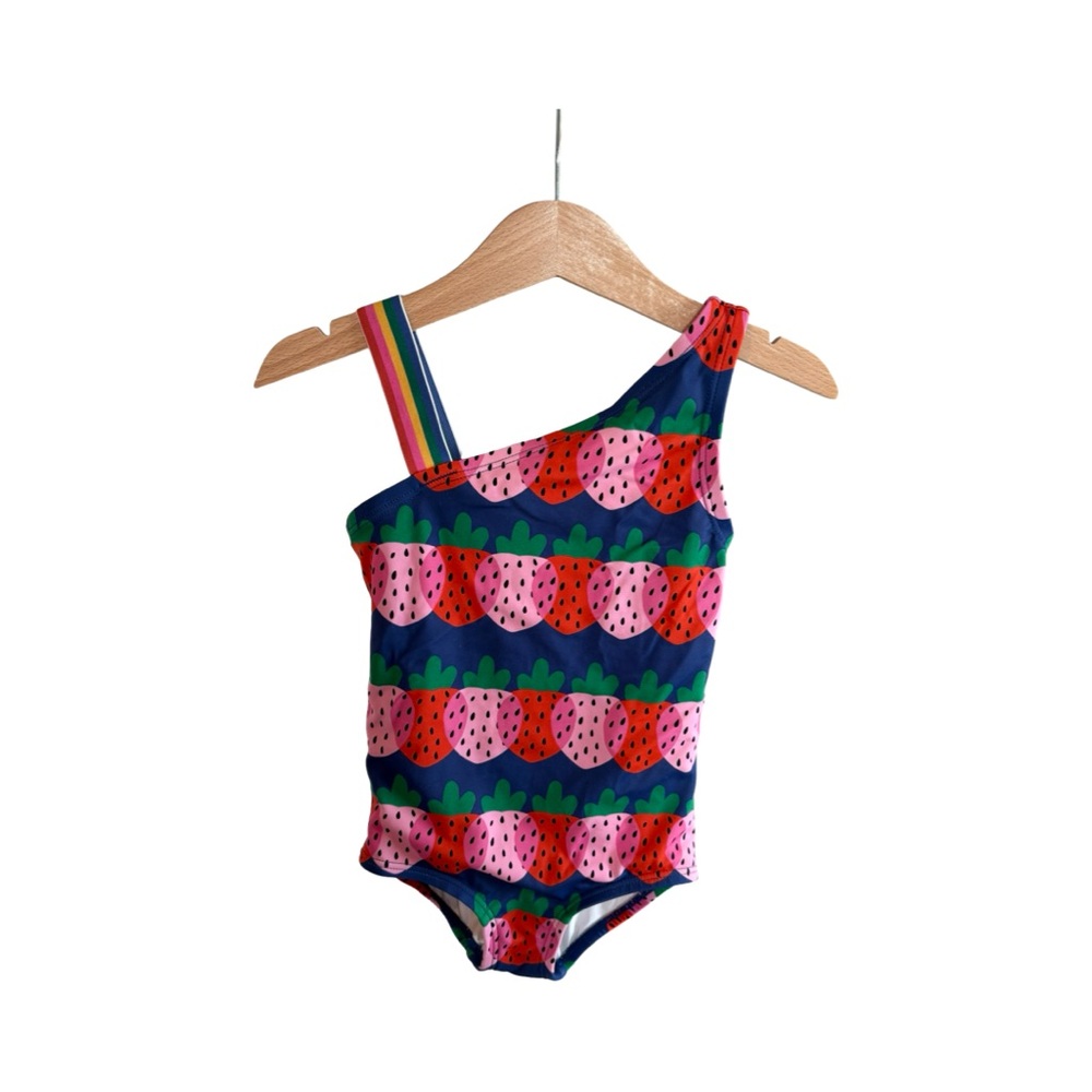 Hanna Andersson Pink and Blue Strawberry One-Shoulder Swimsuit 3T